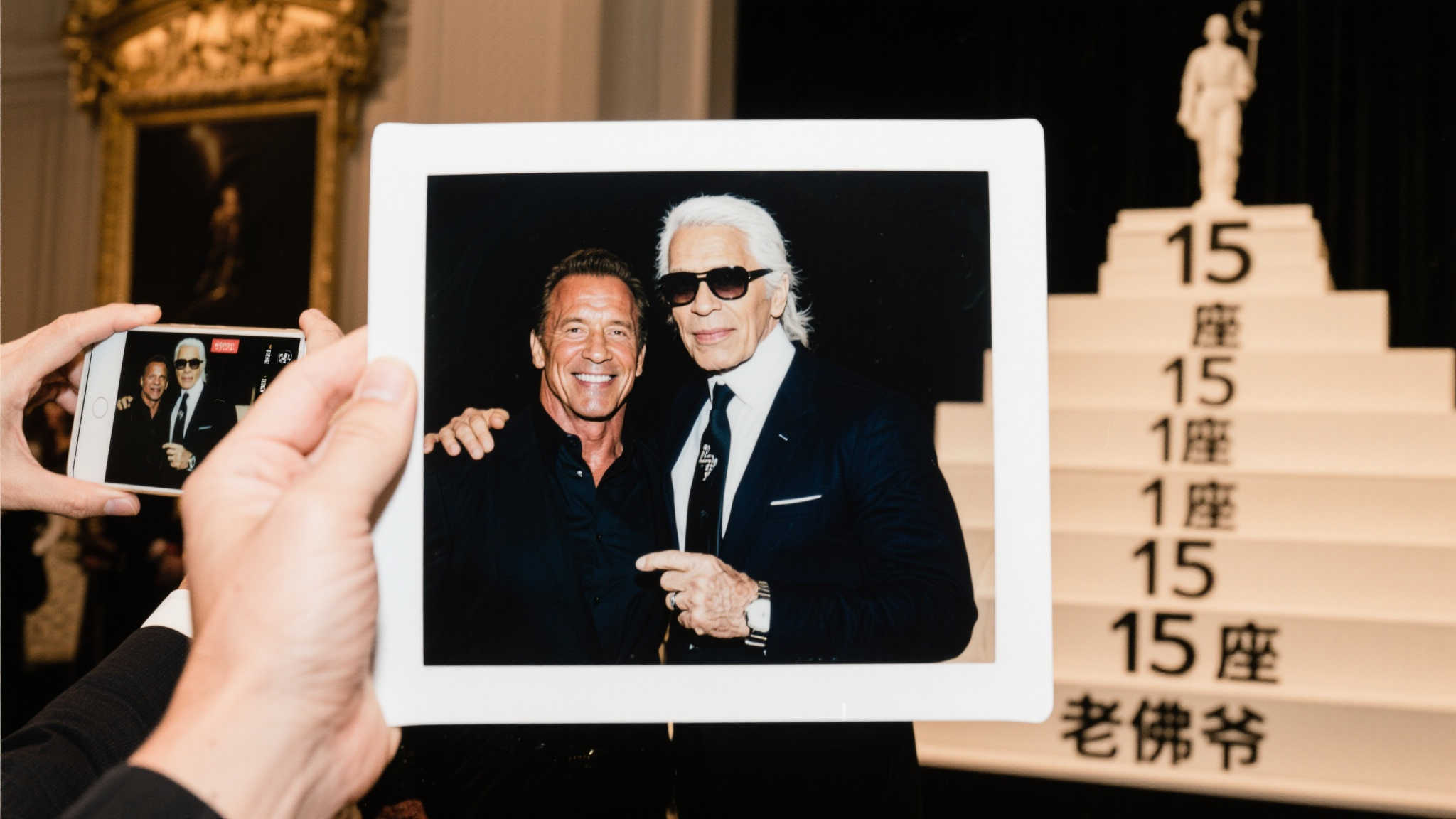 阿诺德与老佛爷同框,身后15座奖杯吸睛 阿诺德与老佛爷同框,身后15座奖杯吸睛